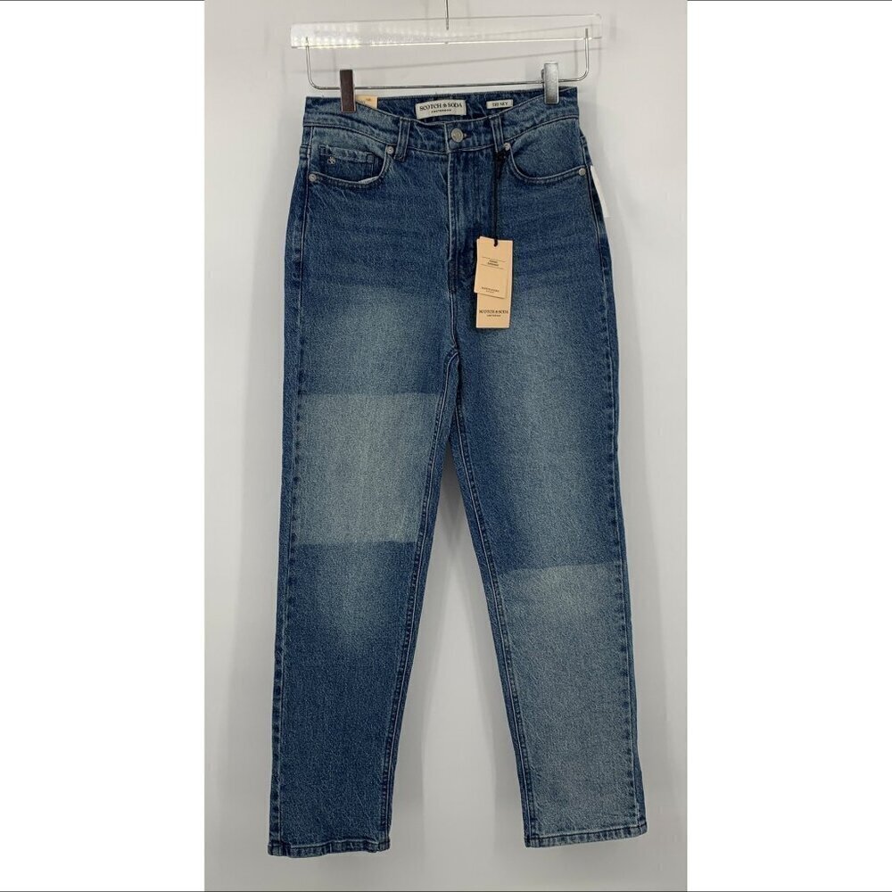 Scotch & Soda Sky high rise straight leg jeans patchwork fading denim blue 25